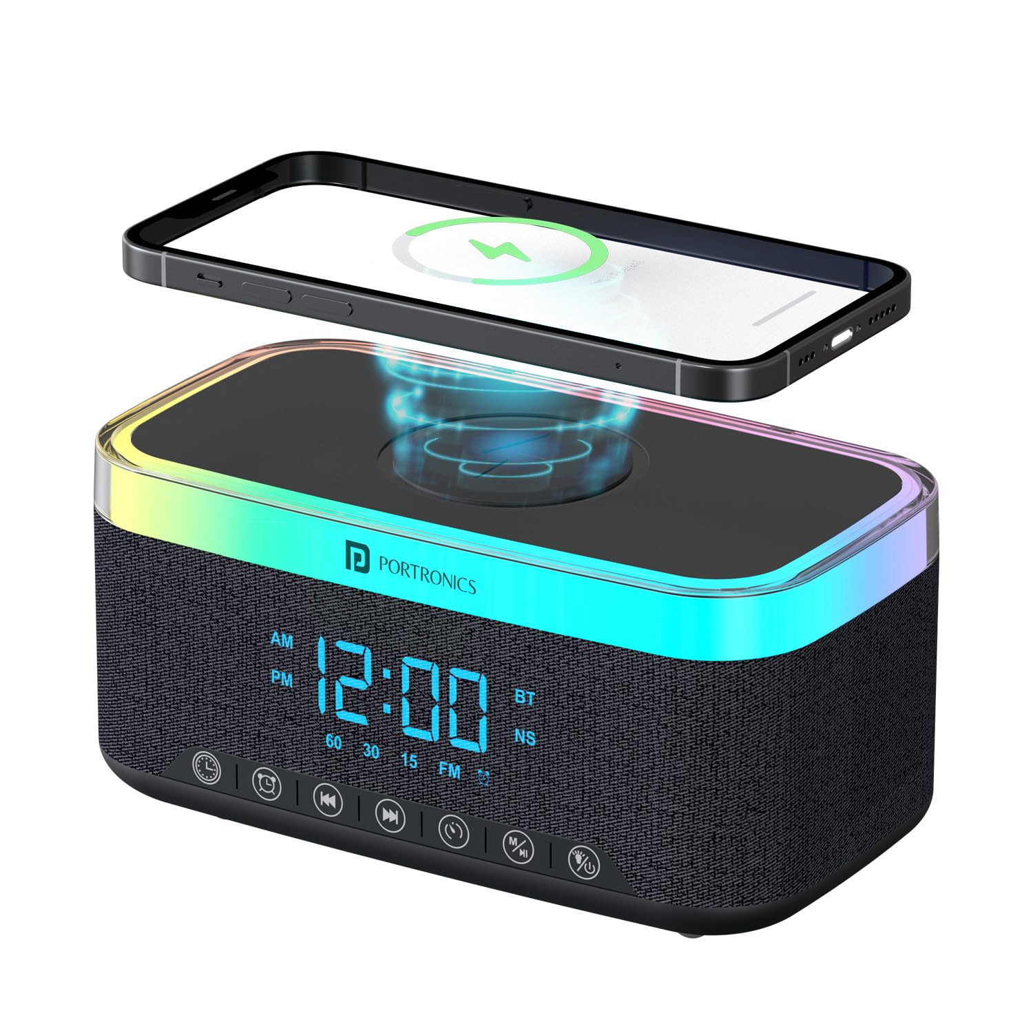 Portronics Trifusion 16W HD Sound Bluetooth Speaker with 15W Wireless Charging, 360°RGB LED Lights, Digital Clock with Alarm Setting, Built-in White Noise, USB/SD Card/AUX in, Type C Charging(Black)